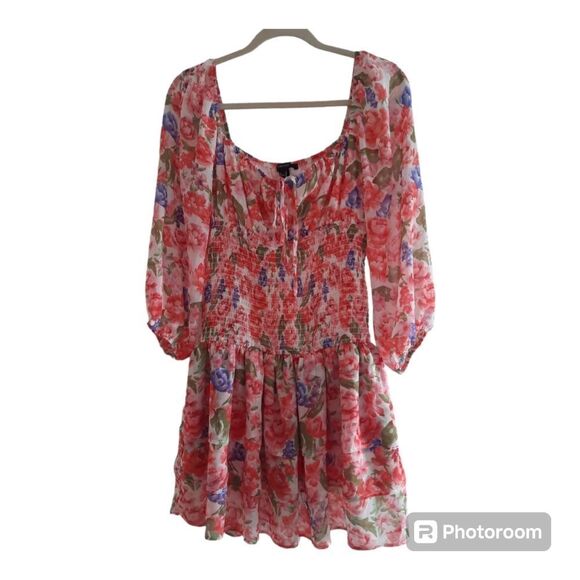 Forever 21 White Pink Floral Smocked Mini Dress - Picture 1 of 4